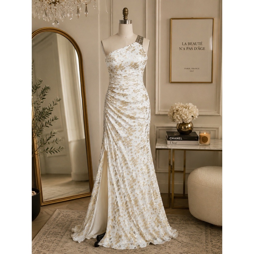 Aidan Mattox One Shoulder Silk Metallic Gold Floral Evening Gown‎ Dress Bridal M